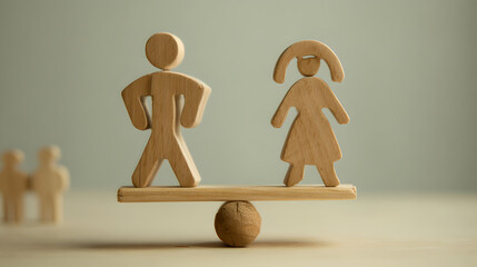 Wooden figures of male and female on a balancing object represent gender equality and parity