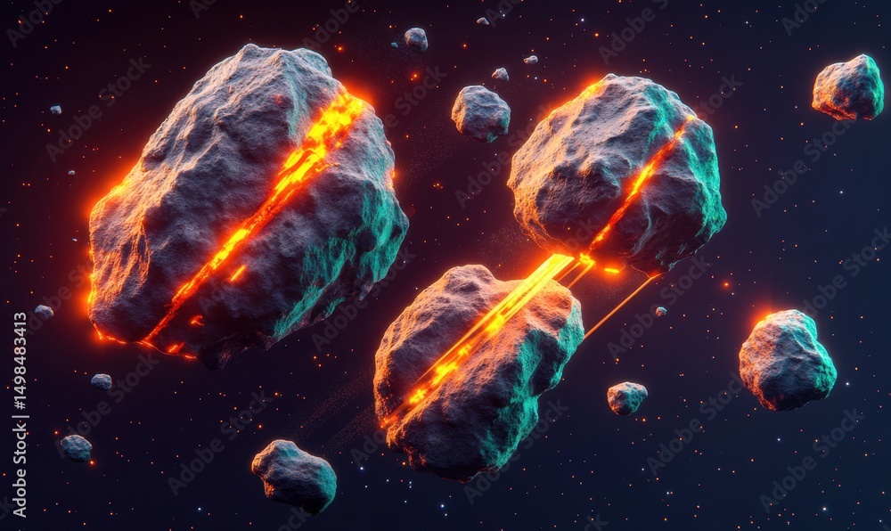 Poster glowing asteroids colliding in space; cosmic background