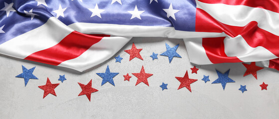 National flag of America and stars on grey background. Independence Day celebration