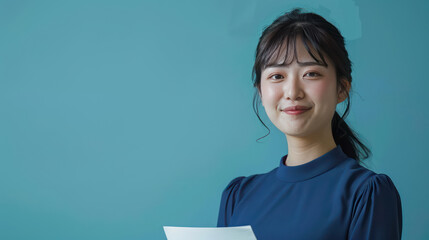 Obraz premium young woman smiles while holding document against teal background