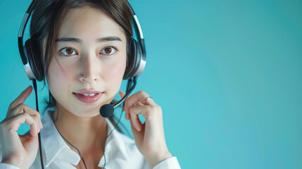 Young woman with headset, smiling, in bright blue background, engaged in communication