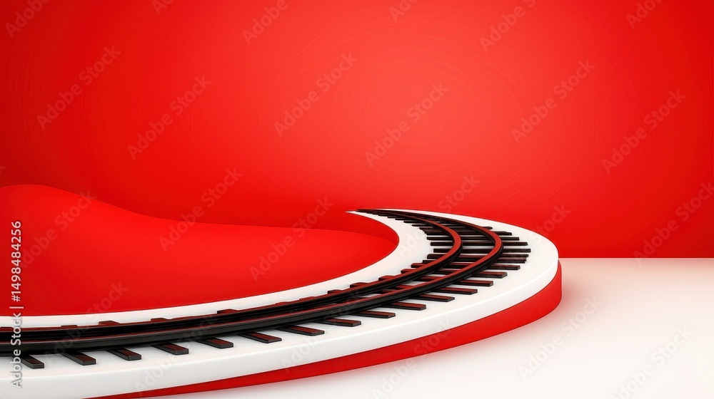 Poster abstract 3d rendering of a red and white circular platform with black train tracks curving around it
