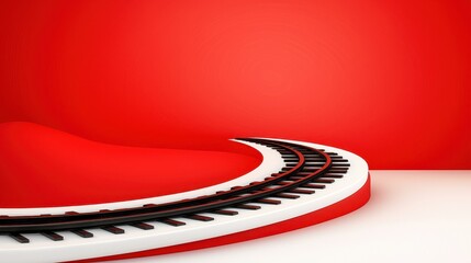 Abstract 3D rendering of a red and white circular platform with black train tracks curving around it, set against a solid red background. The image is clean, minimalist and modern.