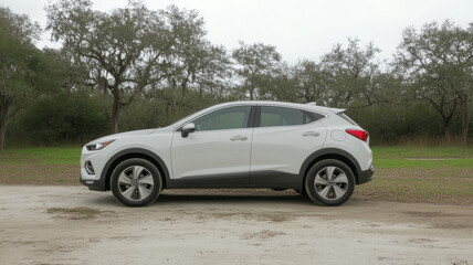 Family friendly SUV parked in scenic park, showcasing its sleek design and versatility