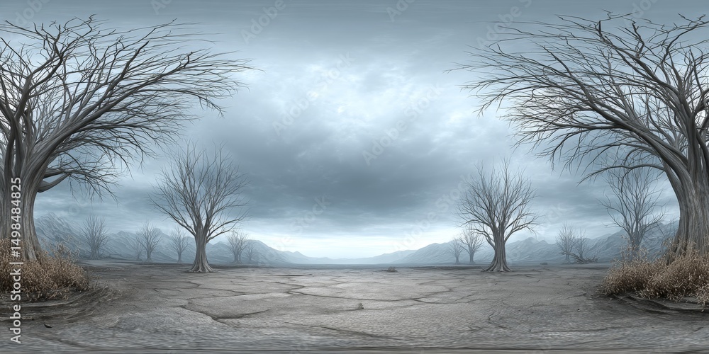 Poster a dark gothic forest with twisted trees and heavy overcast skies filtering dim light