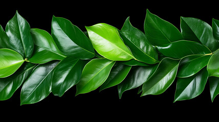 Fototapeta premium Lush green leaves arranged in beautiful pattern on black background, showcasing nature beauty