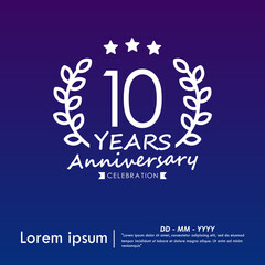 10th years anniversary celebration emblem. congratulations anniversary logo isolated with laurel wreath and stars and ribbon on dark blue background. vector illustration template design