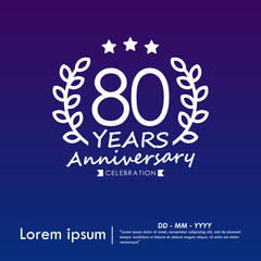 80th years anniversary celebration emblem. congratulations anniversary logo isolated with laurel wreath and stars and ribbon on dark blue background. vector illustration template design