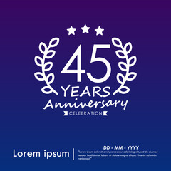 45th years anniversary celebration emblem. congratulations anniversary logo isolated with laurel wreath and stars and ribbon on dark blue background. vector illustration template design