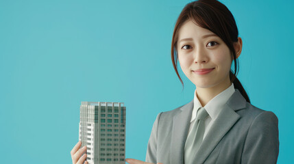 woman in suit holds building model against blue background, showcasing her professionalism and enthusiasm