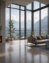 Fototapeta premium Stunning condo, floor-to-ceiling windows showcase breathtaking vista , skyline, sunset