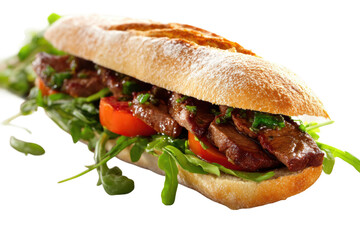 Fresh baguette sandwich with steak, arugula, and tomato garnish, cut out