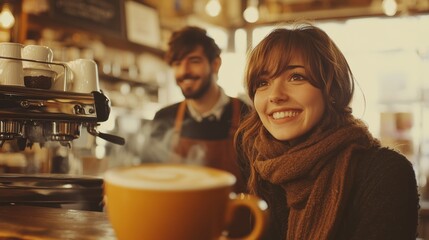 Smiling woman enjoying coffee in warm cafe with barista serving espresso machine in soft focus and natural light