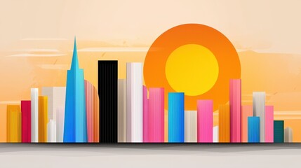 Fototapeta premium Vibrant cityscape at sunset, featuring colorful skyscrapers and a large orange sun. The style is graphic and modern, with a flat design aesthetic. The background is a light orange peach.