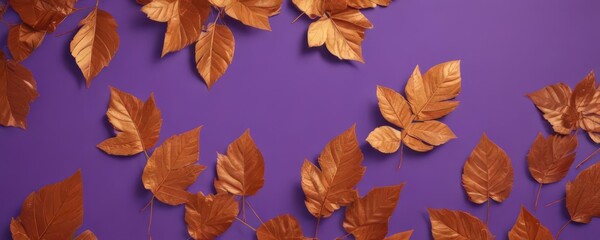 Obraz premium Dry orange metallic leaves, violet backdrop Geometric autumnal design , geometric, hue