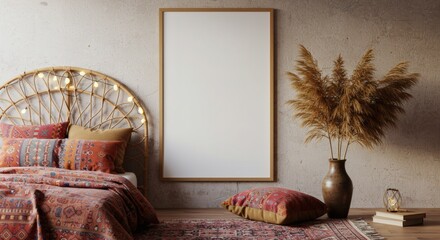 Boho Bedroom Decor Inspiration Mockup featuring a rattan headboard, pampas grass, and a large blank canvas for design ideas.