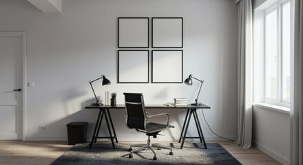 Modern minimalist home office workspace with black desk chair and four framed pictures on the wall near window