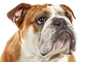 Obraz premium Close-up of a brown and white bulldog looking upward, cut out