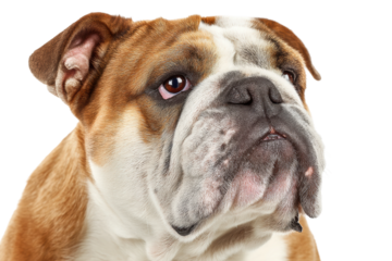 Close-up of a brown and white bulldog looking upward, cut out