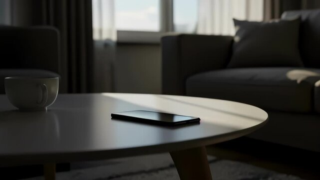 Modern living room setup with smartphone and coffee on table  