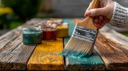 Female hand holding a paintbrush applying glossy wood stain on a new wooden garden fence. Outdoor timber maintenance and protective coating in daylight.