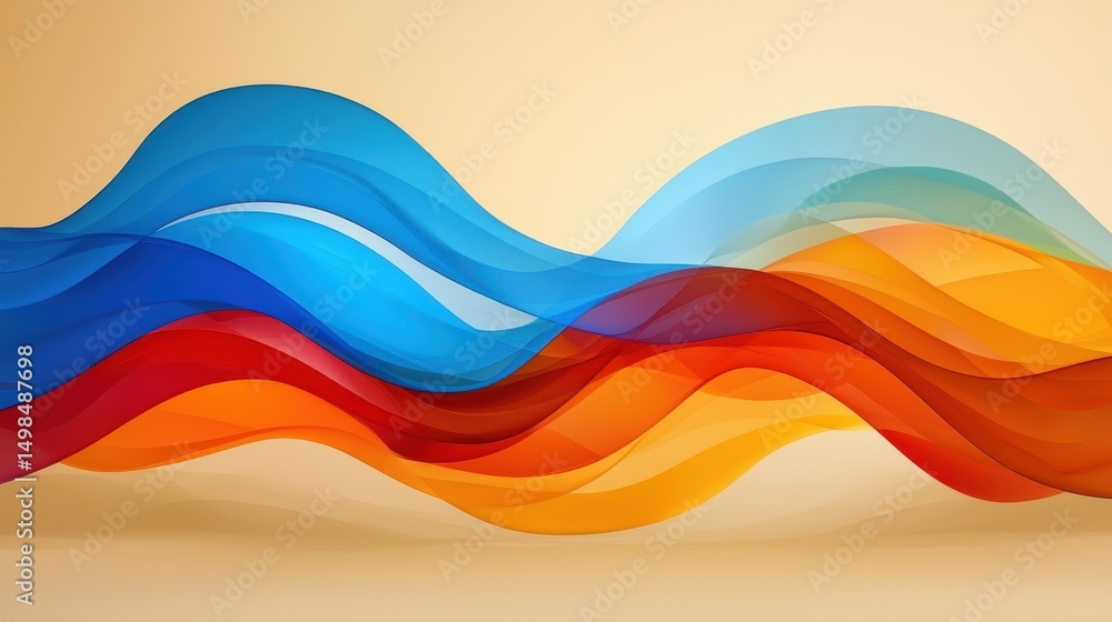 Poster abstract wave forms in shades of blue, orange, and red against a beige background. the image evokes 
