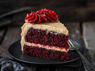 A Red Velvet Cake Slice on a Matte Black Plate with Soft Shadows and Elegant Styling
