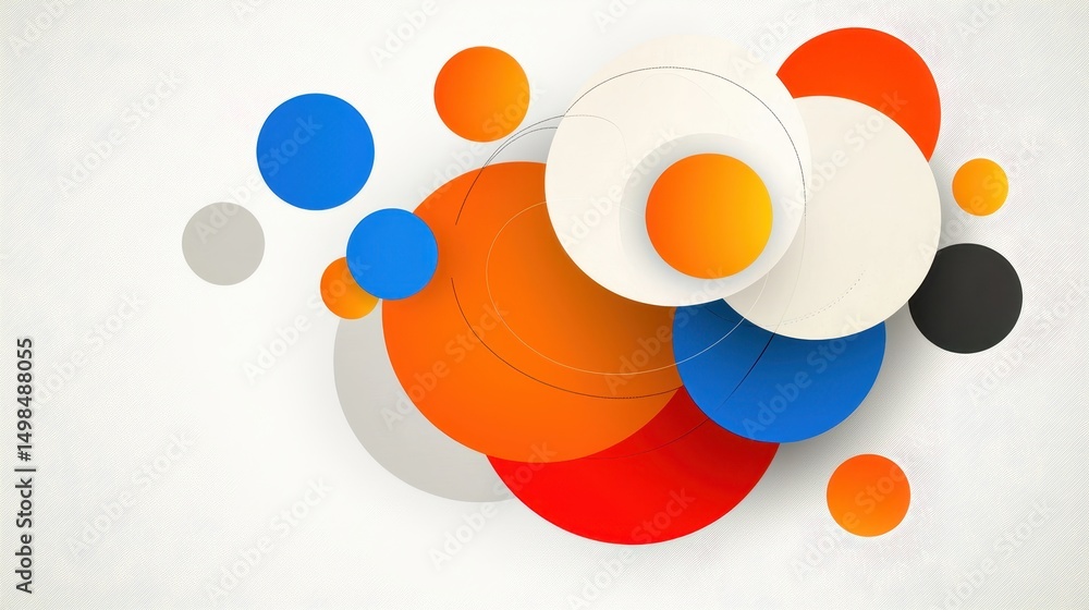 Poster abstract composition featuring overlapping circles in shades of orange, red, blue, and white against