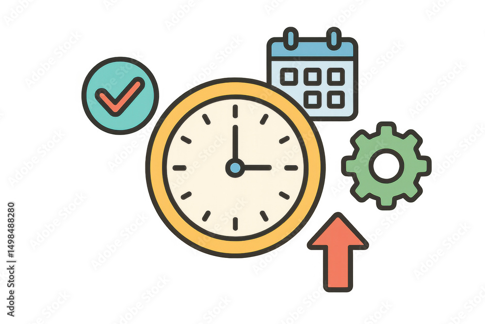 Poster symbolic business elements representing workflow optimization, task tracking, and performance enhanc
