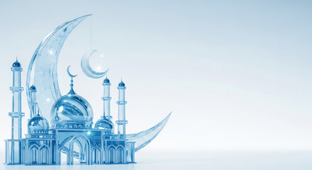 Futuristic 3D glass mosque design featuring a glowing translucent crescent moon in cool ice blue hues, set against a soft gradient background blending whites and light blues for a serene, otherworldly