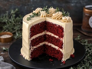 Soft Shadows and Elegant Styling on a Red Velvet Cake Slice on a Matte Black Plate