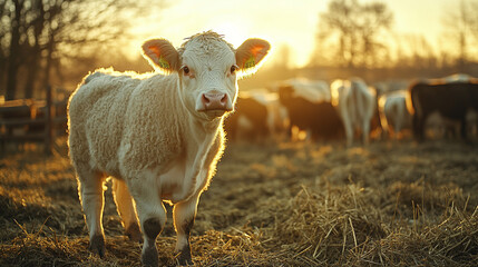 Side view focus on one dairy cow feeding on fodder in a row of stables, with blurred cows in the background. The scene represents livestock care, farming business, and cattle farm management with capt