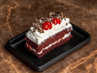 A Matte Black Plate with a Red Velvet Cake Slice, Soft Shadows, and Elegant Styling