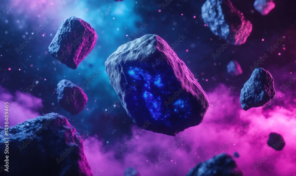 Poster glowing space rocks float in nebula; cosmic background, sci-fi design