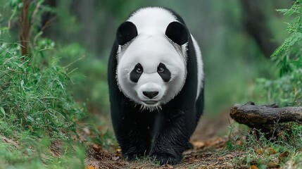Obraz premium Sharp Focus Photography of Playful Panda - Head-Tilted, Mouth-Open Stance in Green Grassland with Old Tree Branch, Black-White Fur and Eye-Lip White Patches for Wildlife Conservation, Kids Books, Cute