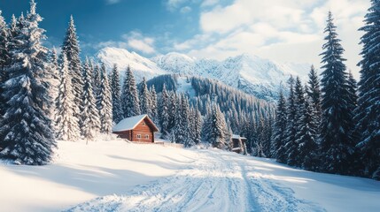 Fototapeta premium Snowy mountain landscape with rustic cabin nestled in evergreen forest.