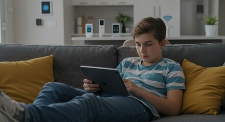 Obraz premium Boy Relaxing on Couch Using Tablet, Modern Living Room