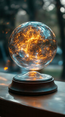 A glowing digital sphere in vibrant blue and orange hues hovers on a dark futuristic stage, with ample caption space on the side. The image evokes technology, innovation, and digital transformation.

