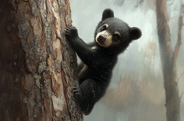 Adorable black bear cub playfully scaling a tree trunk in a misty forest
