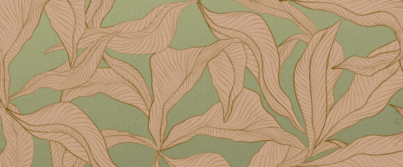 Plant green art background with tropical leaves with line art elements. Botanical banner for decor, print, textile, wallpaper, poster, interior design.