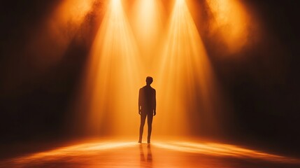 Silhouette Man Standing Alone in Dramatic Orange Spotlight Illuminated Mysterious Figure Backlit Person Dramatic Lighting Studio Shot Golden Hour Backdrop Cinematic Mood 