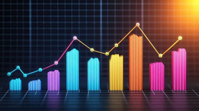 Broadcast Worldwide and Stream Online Concept. Colorful Data Visualization with Vibrant Bar Graphs and Line Chart on Dark Background