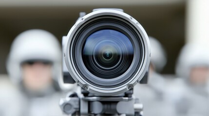 Broadcast Worldwide and Stream Online Concept. Professional Camera Lens Focused with Blurred Background of Military Personnel