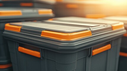 Broadcast Worldwide and Stream Online Concept. A collection of sturdy gray storage containers with vibrant orange handles arranged in an industrial space, ideal for organization and efficiency.