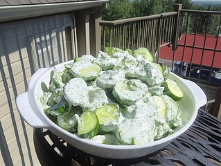 A Refreshing Cucumber Salad with Yogurt Dressing in a White Porcelain Bowl