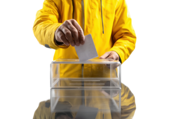 Male voter casting ballot into transparent box in yellow jacket, cut out