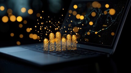 Broadcast Worldwide and Stream Online Concept. A captivating digital innovation concept showcasing sparkling data visualization emerging from a laptop, embodying modern technology and creativity.
