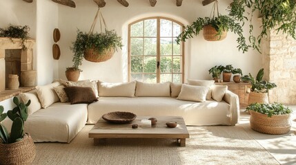 Rustic, minimalist living room with natural textures