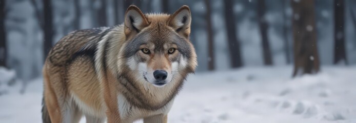 Fototapeta premium A lone Eurasian wolf in deep snow, intense gaze , frozen, intense, close up