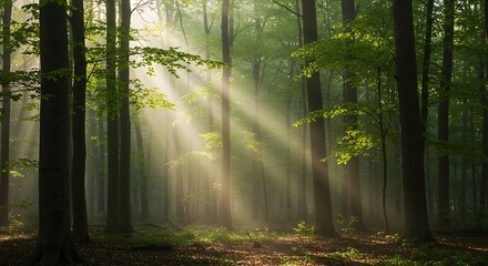 Fototapeta premium Sunbeams Filtering Through Misty Forest A Magical Dawn